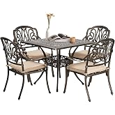 VINGLI 5-Piece Outdoor Patio Dining Set, Cast Aluminum All-Weather Outdoor Table and Chairs w/Cushion, Outdoor Furniture Set w/Umbrella Hole for Backyard Deck Poolside (Square, Elizabeth Back)