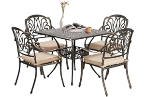 VINGLI 5-Piece Outdoor Patio Dining Set, Cast Aluminum All-Weather Outdoor Table and Chairs w/Cushion, Outdoor Furniture Set w/Umbrella Hole for Backyard Deck Poolside (Square, Elizabeth Back)