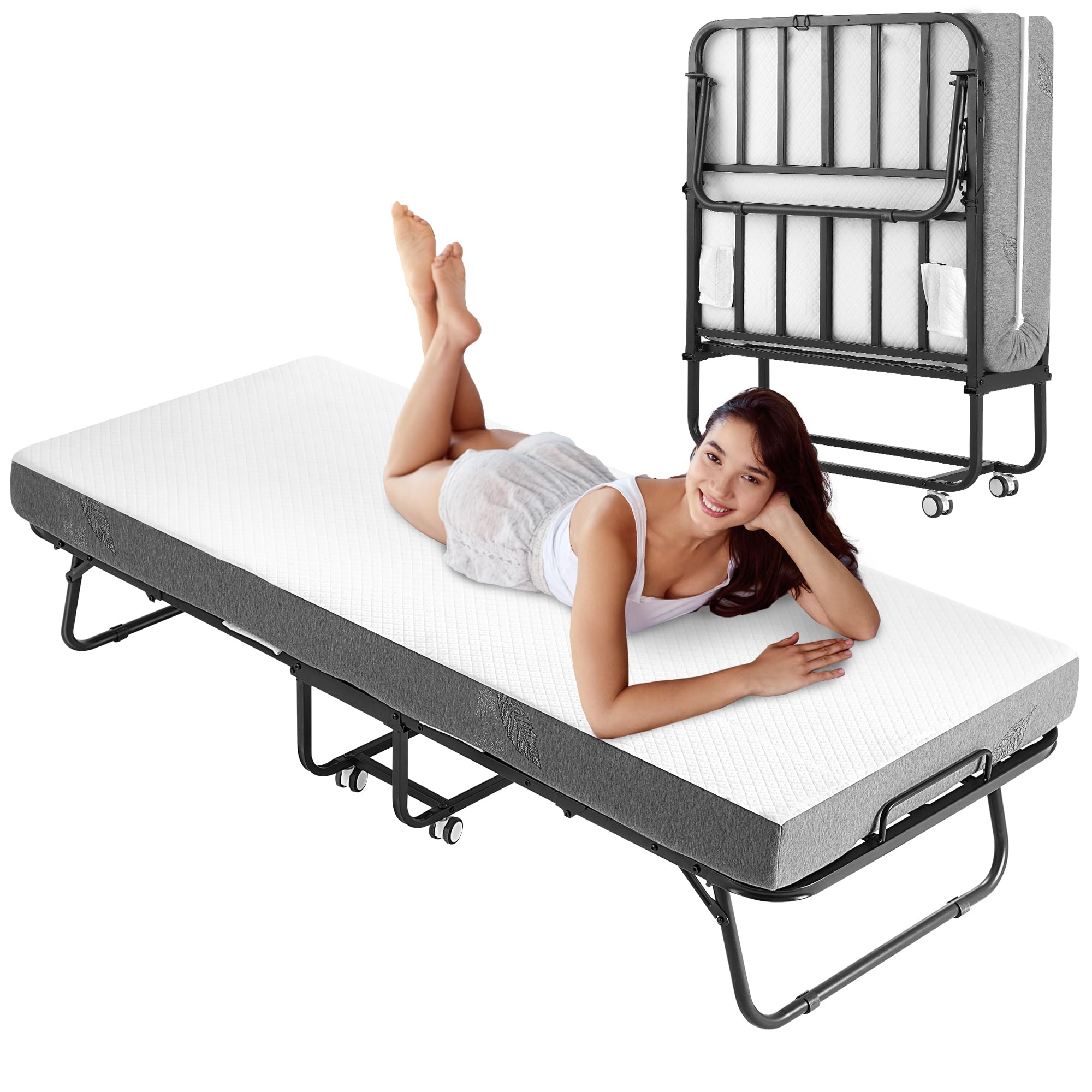 Photo 1 of Lynxor Folding Bed with Foam Mattress, Single Rollaway Bed for Guests, Space Saving Portable Beds with Lockable Wheels, 75" x 31" Twin Size Metal Bed Frame, Easy Assembly & Moving