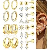 LOYALLOOK Hypoallergenic Flat Back Earrings for Women 14K Gold Plated Surgical Steel Stud Hoop Earring Stacks Dainty Small Huggie Hoops Flatback Stud Cartilage Earring Sets for Multiple Piercing