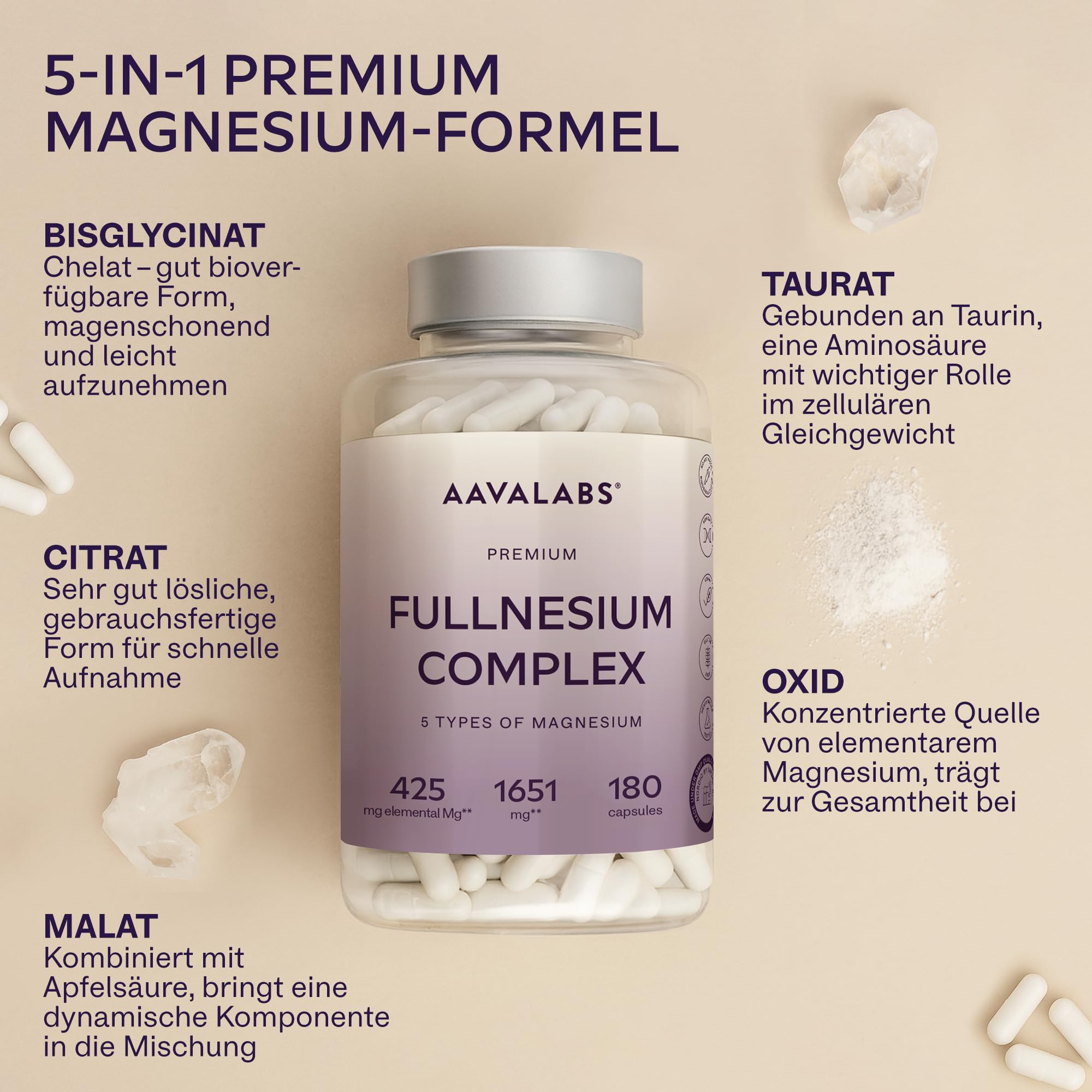 Magnesium Komplex Hochdosiert 1651mg | 425mg Elementares Magnesium Premium mit 5 Formen: Bisglycinat Chelat, Magnesiumcitrat, Malat, Taurate, Magnesiumoxid - Energie, Muskeln, Nerven - 180 Kapseln 4