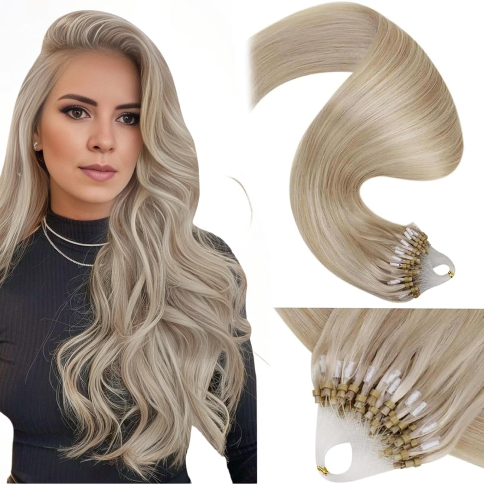 LaaVoo Human Hair Extensions Micro Ring 20 Inch Real Remy Straight Highlight Ash Blonde & Platinum Blonde Invisible Micro Beads Hair Extensions 50g 50s #18/613