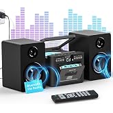 Greadio Stereo System for Home with Boombox CD and Cassette Player Combo | 40W Detachable Wooden Bookshelf Speakers, Bluetooth, FM Radio, USB, TF, AUX Playback, Home Stereo System with Remote Control
