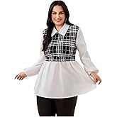 WDIRARA Women's Plus Size Plaid Long Sleeve Ruffle Hem Collared Casual Blouse Top
