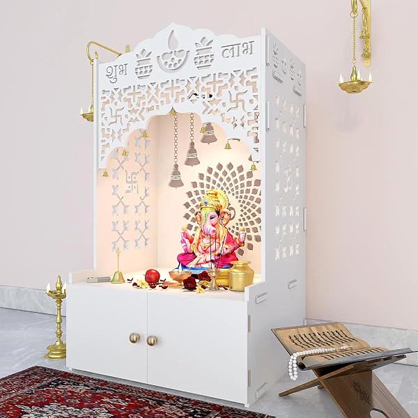 HOMSCAPE DIVINE WOODEN POOJA MANDIR FOR HOME WITH SPACIOUS SHELF & INBUILT FOCUS LIGHT – TEMPLE FOR HOME FLOOR RESTED POOJA MANDIR WITH DOORS 31″ HEIGHT MEDIUM WHITE | FESTIVE DECOR | INDIAN TEMPLE