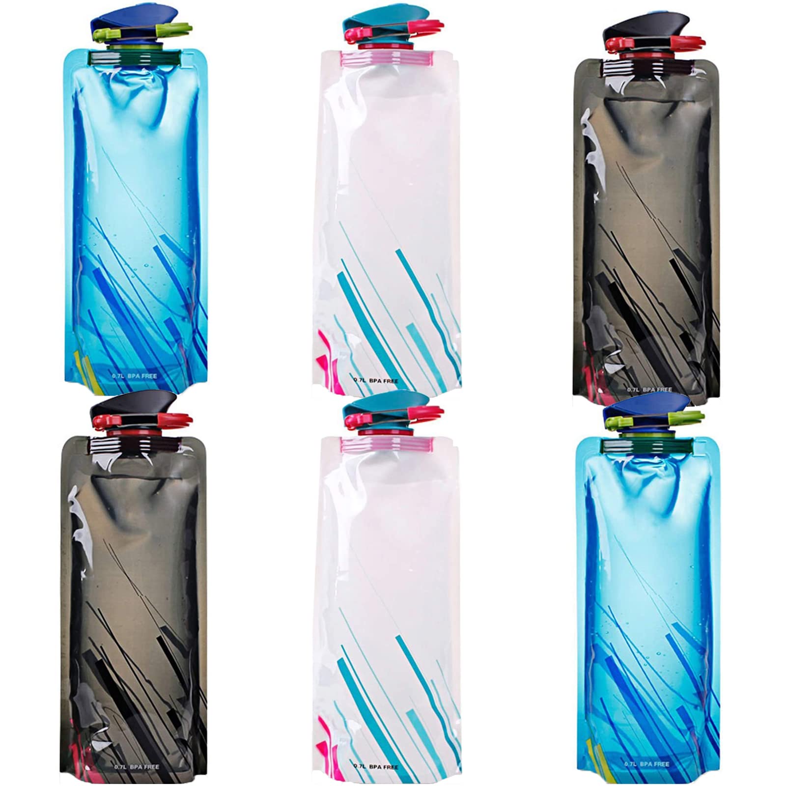 Pack of 6 Foldable Water Bottles, Water Bags for Hiking, Adventure, Foldable Water Bottle, Hydration Backpacks, Water Weight Bag for Hiking, Adventure, Travel, 700 ml