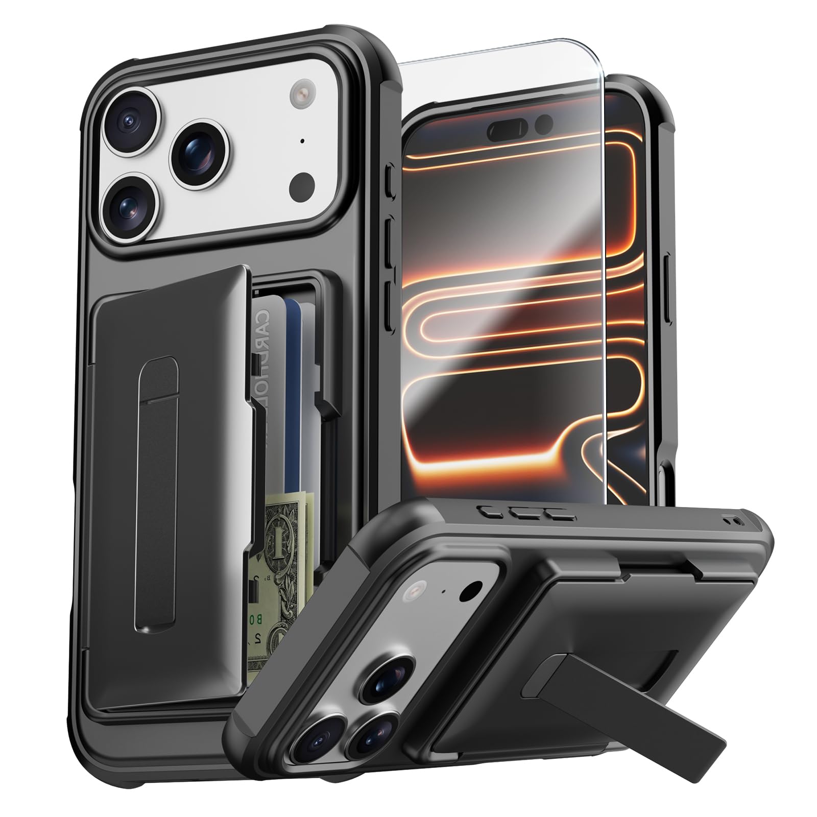 BoxCastle Compatible with iPhone 17 Pro Max Wallet Case with Card Holder (3-5 Cards) | Built-in Screen Protector | Hinge Kickstand | RFID Blocking | Phone Cover Case for Apple 17 ProMax, Black