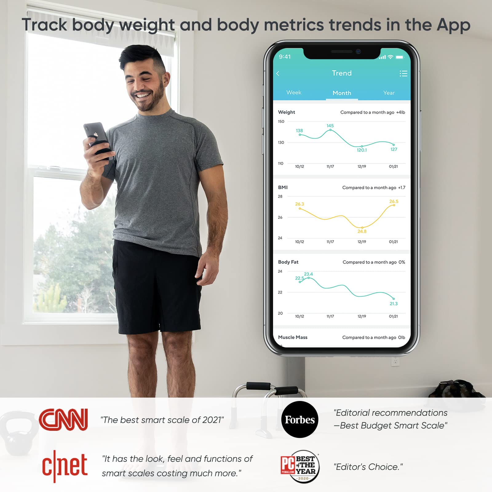 Wyze Smart Scale, Scale for Body Weight, Digital Bathroom Scale for Body Fat, BMI, and Heart Rate, Body Composition Analyzer with App, Batteries Included, Bluetooth, 400 lb, Navy Blue