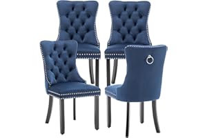 Kiztir Velvet Dining Chairs Set of 4, Upholstered Dining Chair with Nailhead Trim and Solid Wood Legs, Navy Luxury Wingback Dining Side Chair for Living Room, Bedroom, Kitchen (Blue)