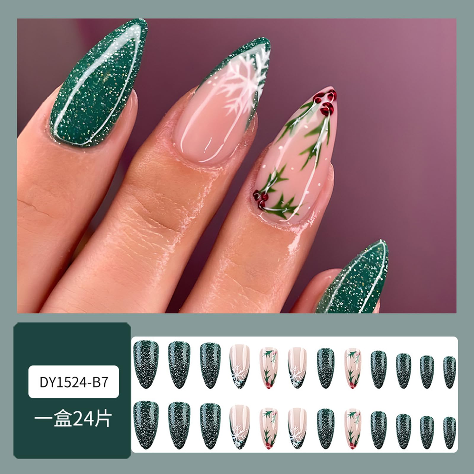 Christmas Press on Nails Almond Green Glitter Fake Nails Medium French Tip False Nails with Snowflake Designs Acrylic Nails Xmas Glue on Nails Glossy Medium Artificial Nails Stick on Nails for Women - Image 2
