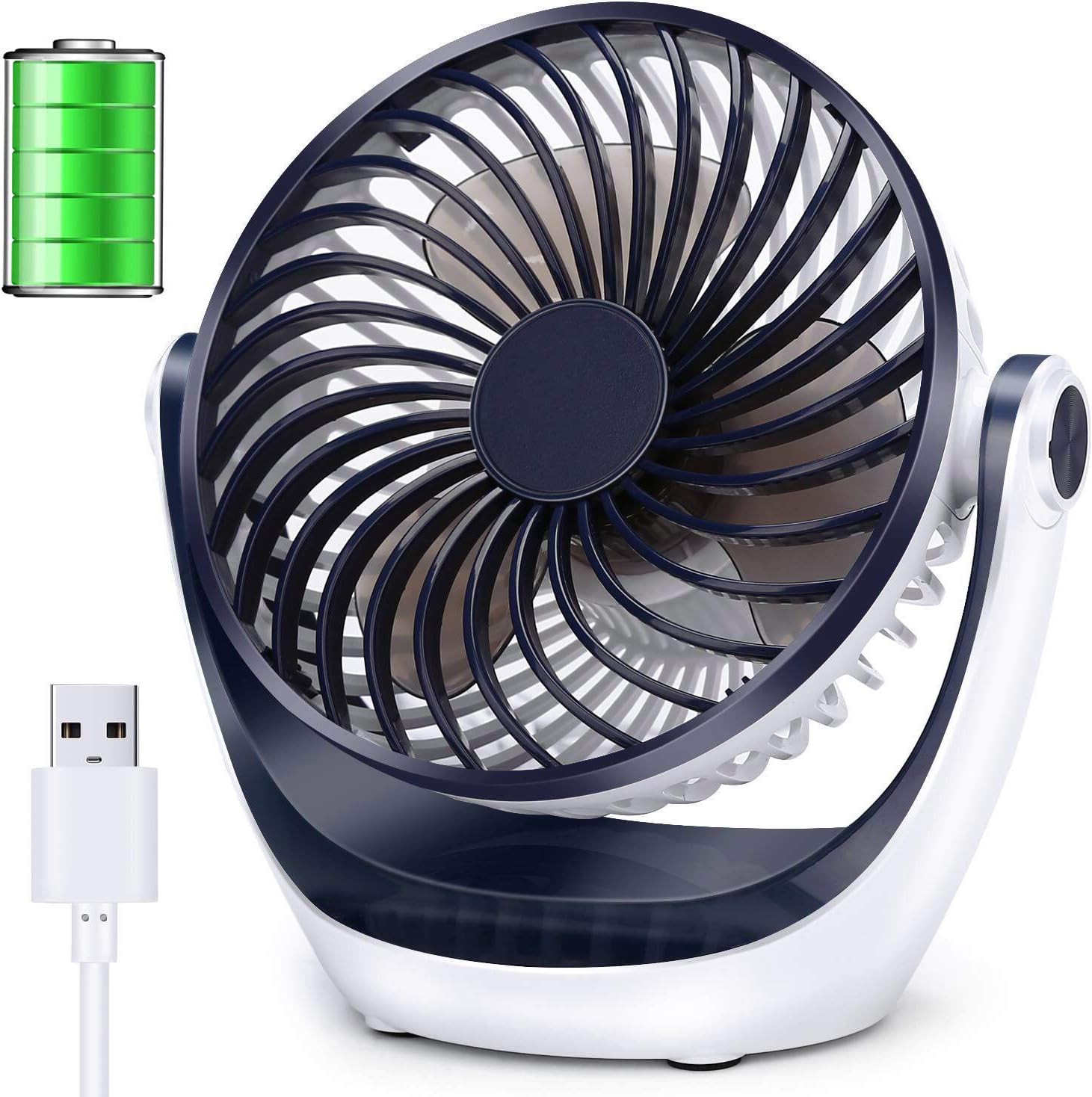 Aluan Desk Fan Small Table Fan with Strong Airflow Rechargeable Battery Operated Portable Fan 3 Speeds Adjustable Head 360°Rotatable Mini Personal Fan for Home Office Bedroom Table and Desktop: Kitchen & Dining
