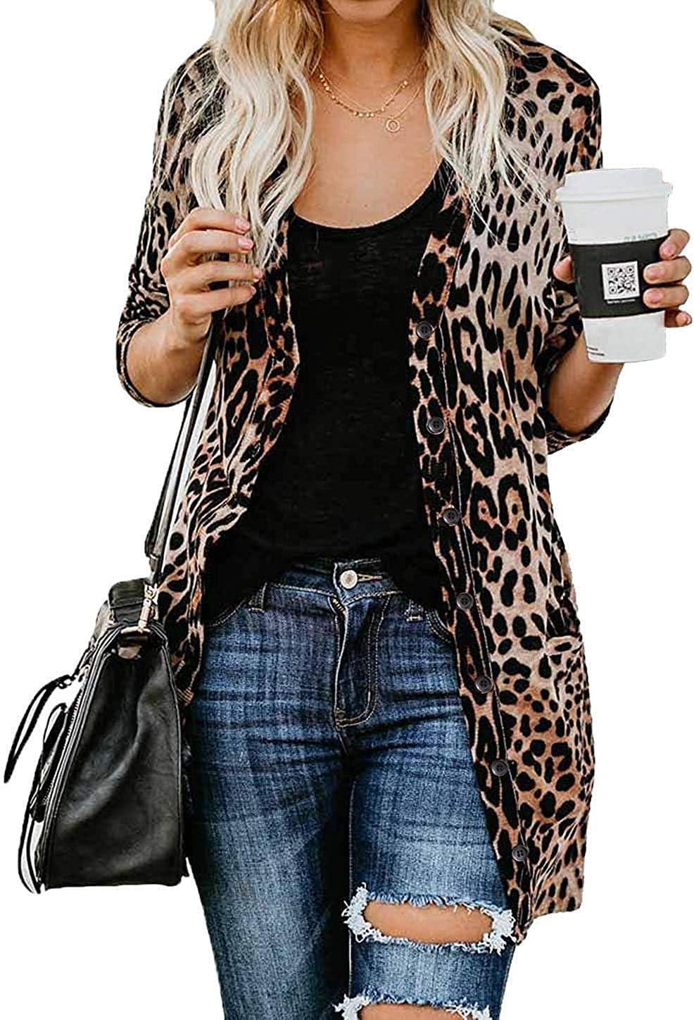 Women's Leopard Print Sweater Cardigan Button Down Open Front Lightweight Shirt Outerwear with Pockets