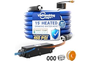 VILDVANDRING 15ft Heated Water Hose for RV - Heated Drinking Water Hose with Energy-Saving Thermostat, Water Line Freeze Protection Down to -40°F/-40°C, Heated Garden Hoses with Adapter, Lead and BPA Free