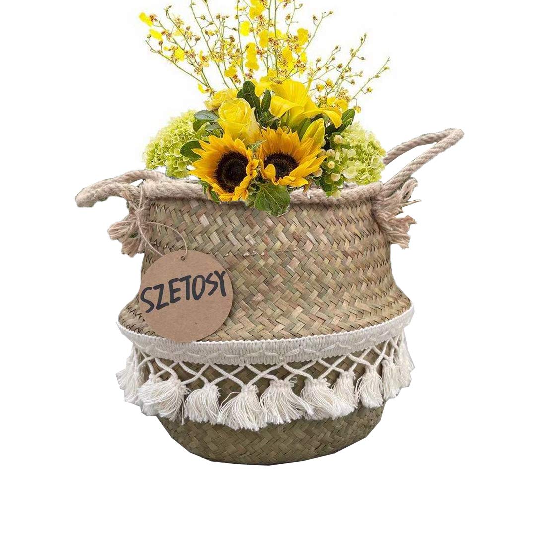 SZETOSY Natural Seagrass Storage Basket - GOODCHANCEUK Seagrass Belly Basket With PomPom Foldable Woven Basket With Rope Handle for Laundry, Toys or Plants,Nursery Style#1 22x20cm
