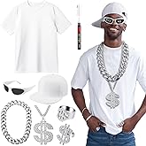 Yahenda 8 Pcs Halloween Hip Hop Costume 80s 90s 2000s Rapper Accessories T-Shirt Sunglasses Visor Chain Ring Pen for Adult