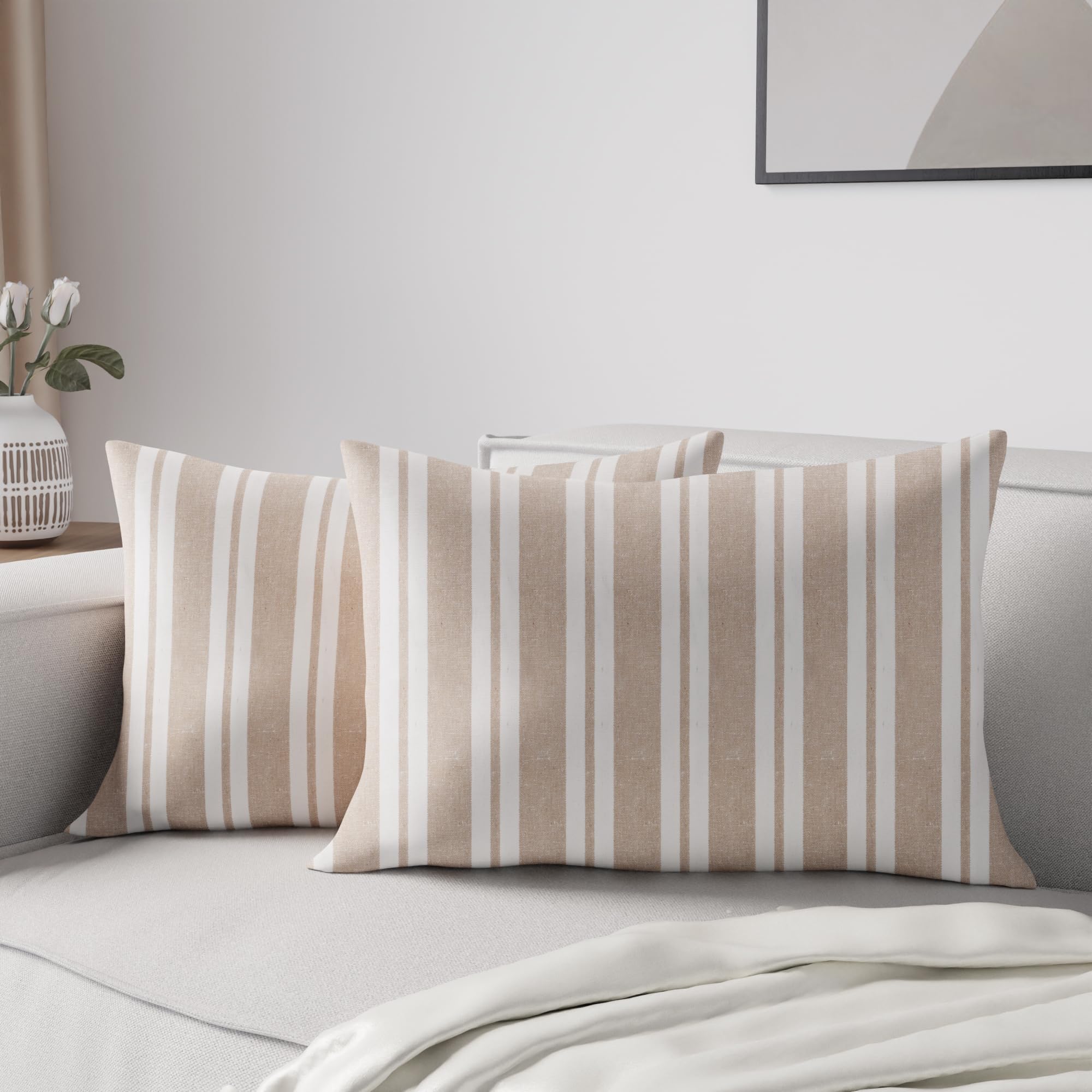Encasa XO Cushion Covers 2 pcs set (30x50 cm) - Franca Beige Stripes - Decorative Large Rectangle Colourful Washable Eco - Cotton, Throw Pillow Cases for Living Room, Sofa, Bedroom, Home & Hotel โ image 1