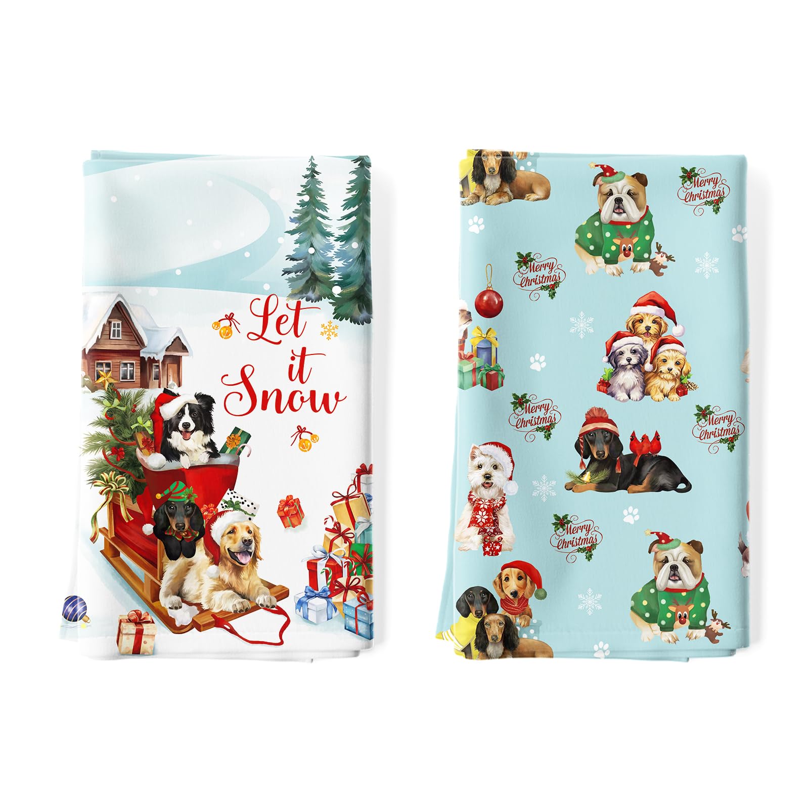 Arquiel 2 Pcs Dogs Christmas Kitchen Towel 100% Cotton Winter Absorbent Dish Towel 70 x 48 cm Housewarming Decorative Hand Towel for Dining Home