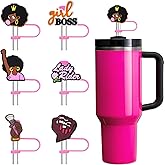 Amreich Black Girl Straw Cover for Stanley Cup - 6PCs 10mm Fuchsia Straw Toppers Compatible with Stanley 30 40 Oz Tumblers, Pink Tumbler Accessories