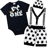 Wosixima Infant Baby Boys 1st Birthday Soccer Bodysuit Outfit One Year Old Birthday Bowtie Romper Suspenders Shorts Pants set
