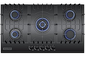 Empava 36" Cooktop with 5 Italy Sabaf Sealed Burners NG/LPG Convertible Tempered Glass in Black Model 2020, Gas 36In