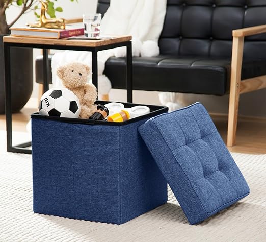 Ellington Home Foldable Tufted Linen Storage Ottoman Cube Foot Rest Stool/Seat - 15" x 15" (Navy)