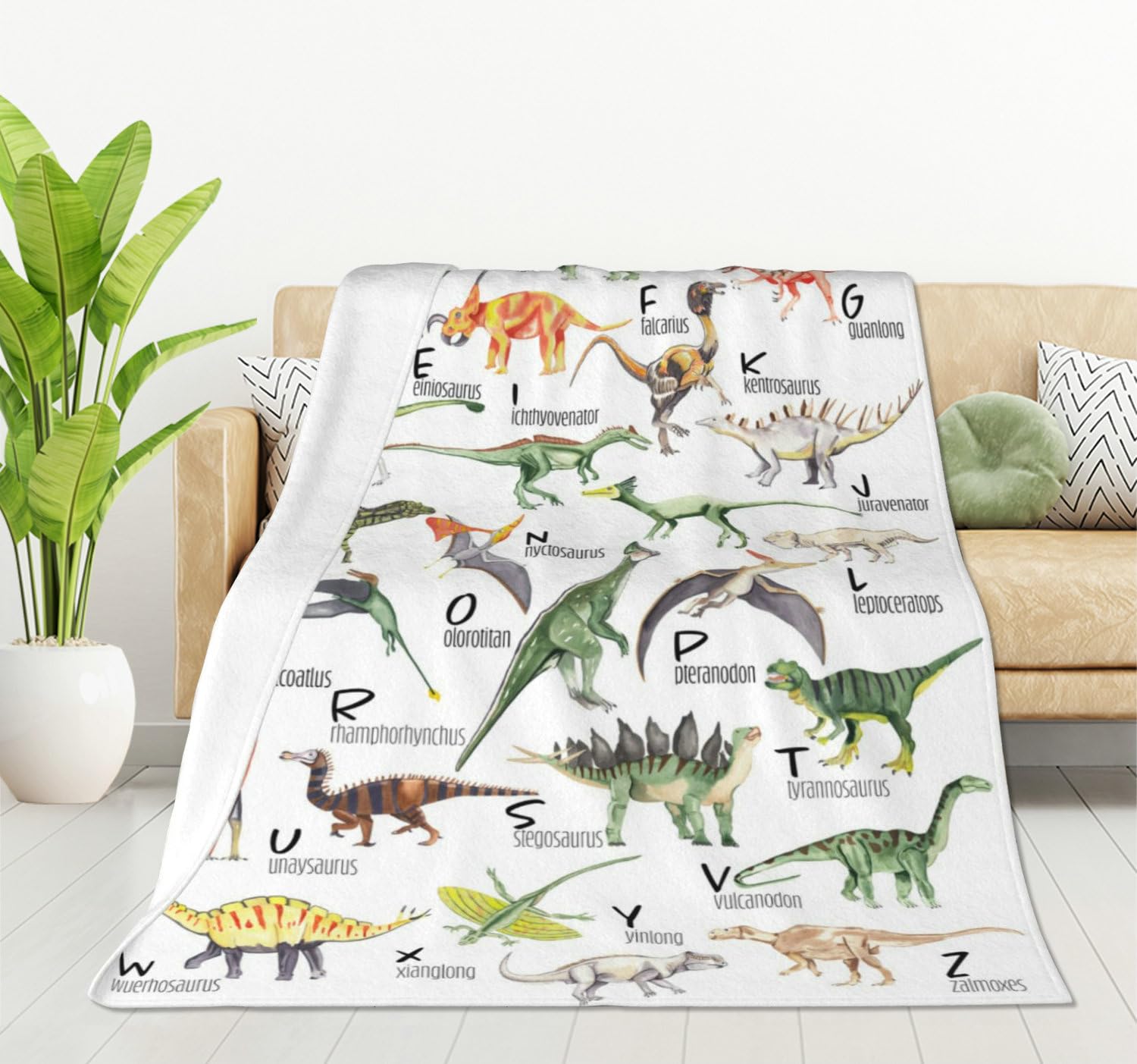 HGOD DESIGNS Watercolor Dinosaur Alphabet Fleece Throw Blanket Ultra Soft Cozy Blooming Decorative Flannel Blanket All Season for Home Couch Bed Chair Travel 130x150cm