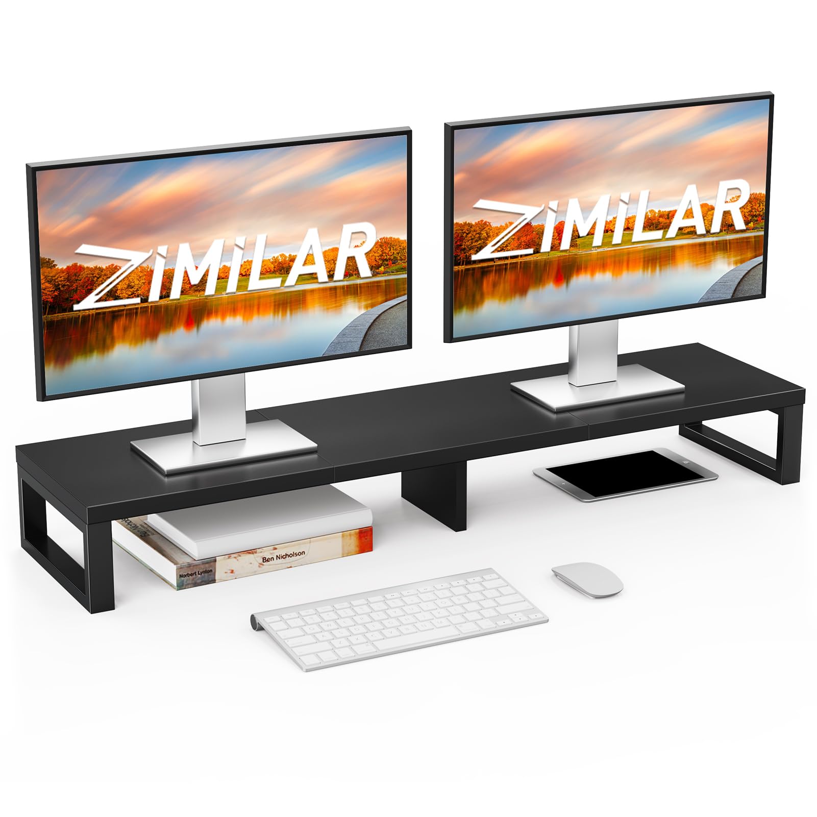 Photo 1 of Zimilar Dual Monitor Stand Riser, Large Monitor Stand for Desk, Wood Monitor Riser with Storage Organizer for Home Office, Monitor Stands for 2 Monitors, Desktop Wooden Monitor Riser for Computer