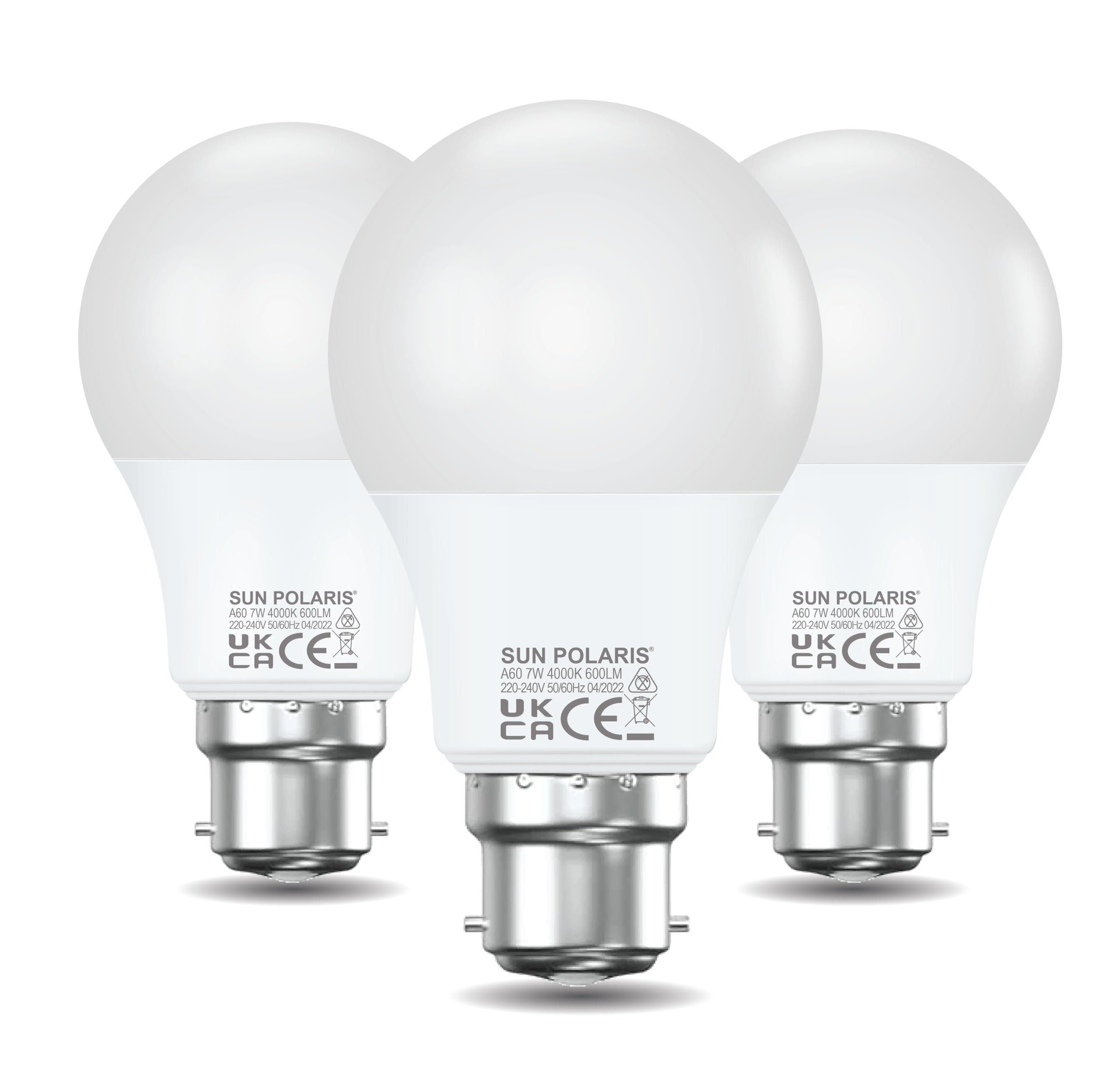 SUN POLARIS Bayonet Led Light Bulb - 7 Watt Cool White 4000k Natural Bright, 50W Equivalent B22 Lightbulb, 600 Lumens Ultra Efficient Lightbulbs, BC Non Dimmable GLS Energy Saving Bulbs Pack of 3