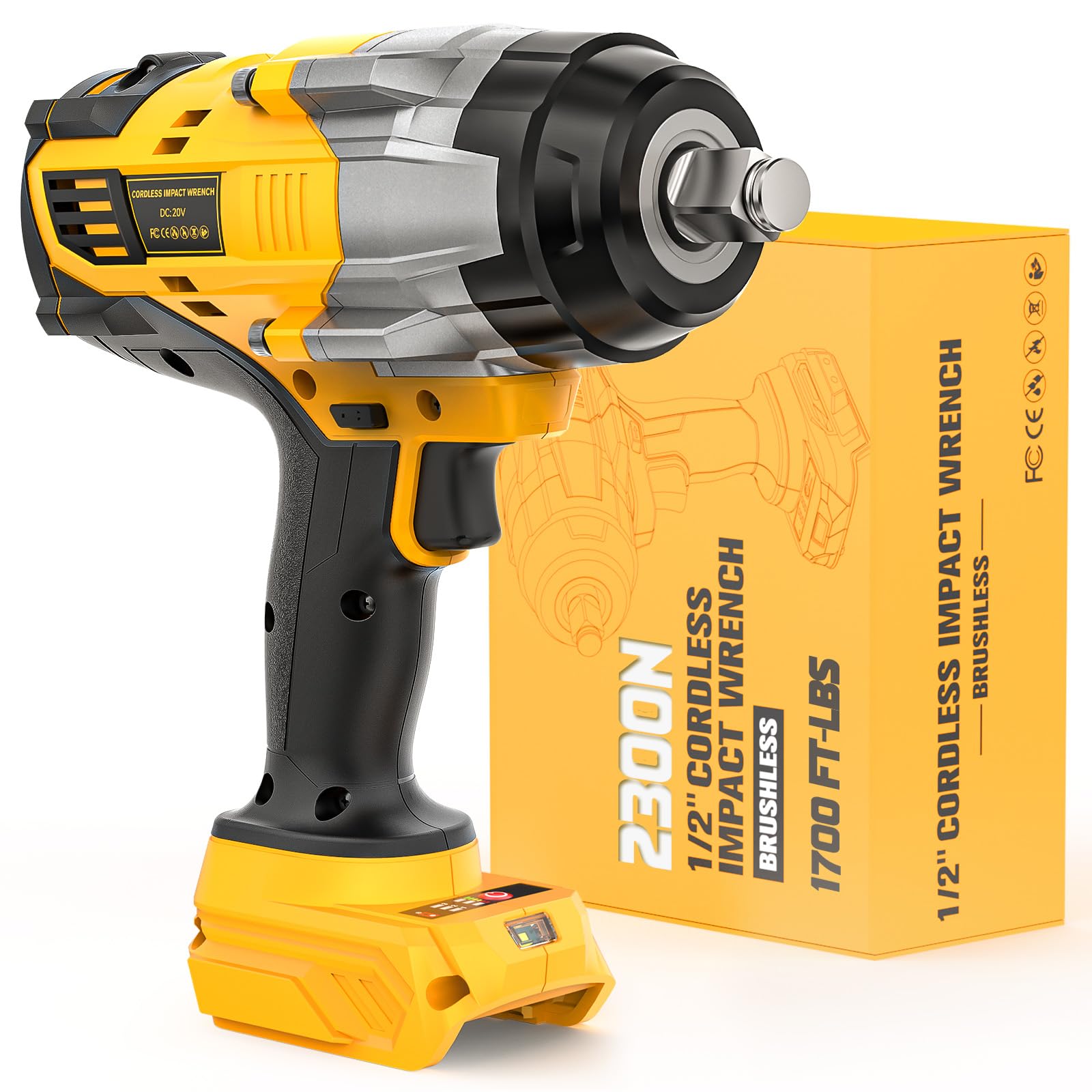 Photo 1 of NATBEESY Cordless Impact Wrench Compatible with DeWalt 20V Battery: 1/2 Inch Hog Ring Impact Driver - High Torque - 2300N.m/1700Ft-lbs Cordless Impact Gun - Brushless Motor with LED Light - Tool Only no battery)
