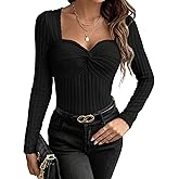 QIANZHIDU Women's Rib Knit Sweetheart Neck Knot Twist Front Long Sleeve Blouse Shirt Top