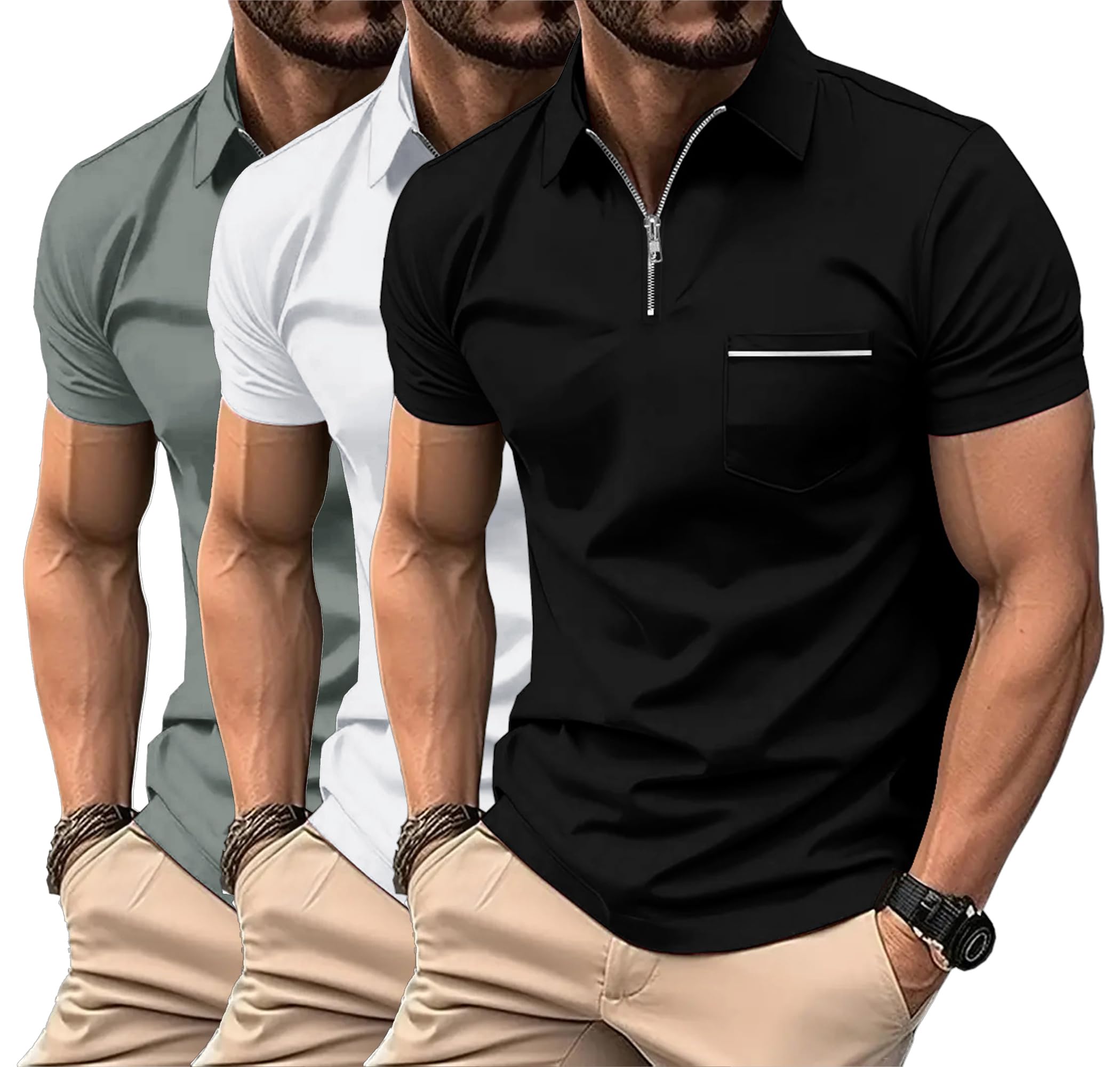 Photo 1 of JACKETOWN 3 Pack Polo Shirt for Men Quarter Zip Polo T Shirt Casual Short Sleeve Collared Shirts with Pocket Black-White-Grey M