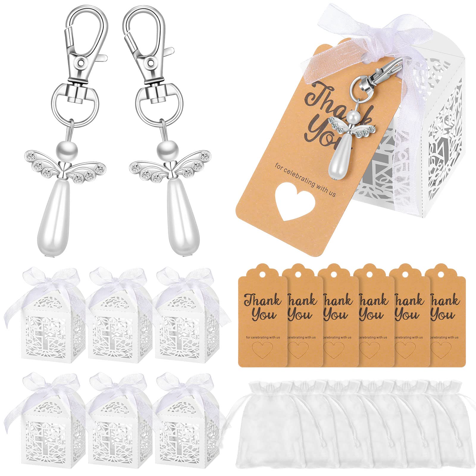 Photo 1 of 100 Pieces Angel Keychains Favor Angel Pendant Keychains Baptism Favor Boxes White Organza Bags with Drawstring Thank You Tags for Baby Shower Baptism Party Gift, 25 Sets