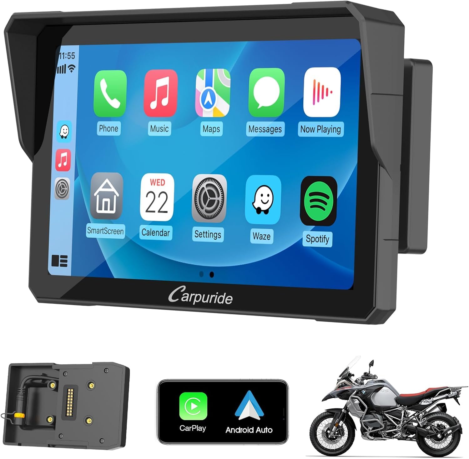 2025 Motorcycle CarPlay Screen Carpuride W702B for BMW R1200GS/R1250GS/S1000XR – 7" Wireless Android Auto & CarPlay, IP67 Waterproof Touchscreen, Dual Bluetooth, GPS Navigation, Siri Enabled