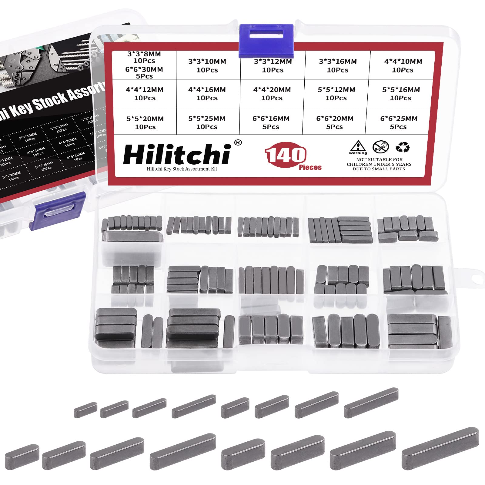 Hilitchi 144pcs 16 Sizes Carbon Steel Round Ended Feather Key Set, 3mm 4mm 5mm 6mm Key Stock Keystock Key Parallel Drive Shaft Keys Set for Fasteners Mechanical Industry