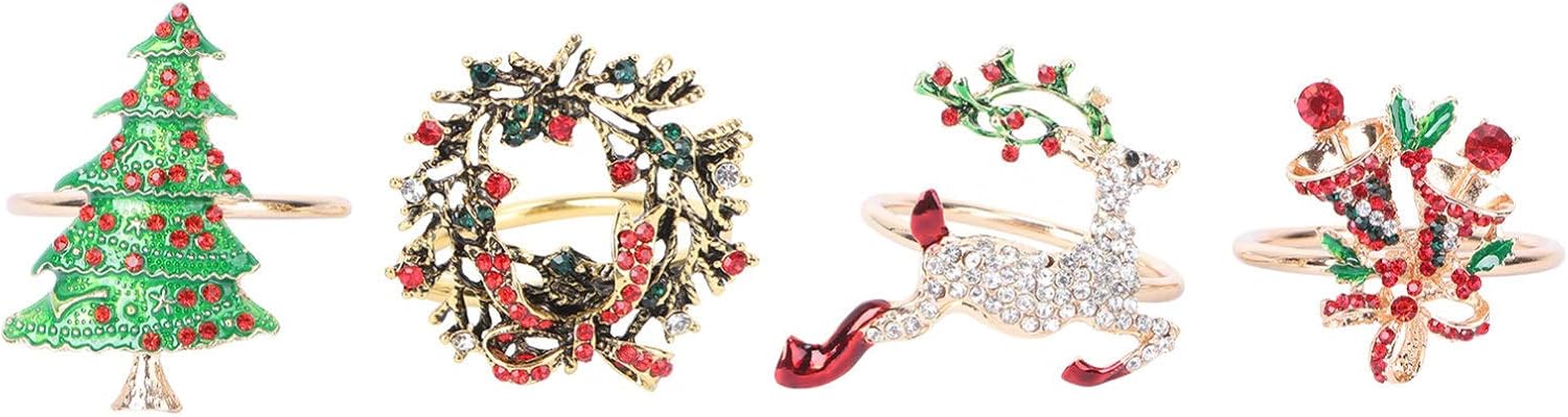 PRETYZOOM 4 Stück Weihnachten Serviettenringe Metall Strass Weihnachtsbaum Kranz Glocken Rentier Serviettenhalter Serviette Schnalle Halter für Hochzeit Weihnachten Taufe Party Tischdekoration