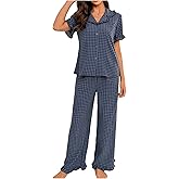SHENHE Women's Gingham Pajama Set Button Down Short Sleeve Top and Pants Ruffle Pjs Loungewear