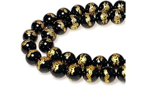 MJDCB Natural Stone Beads 8mm 43pcs Round Black Onyx Carved Dragon Loose Gemstone Bead Charms for Jewelry Making Bracelet Necklace Earring Pendant