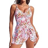 Hanna Nikole Women One Piece Swimsuits, Tummy Control Bathing Suit Ruched, Push Up Twist Front Swimdress with Tie Knot Skirt