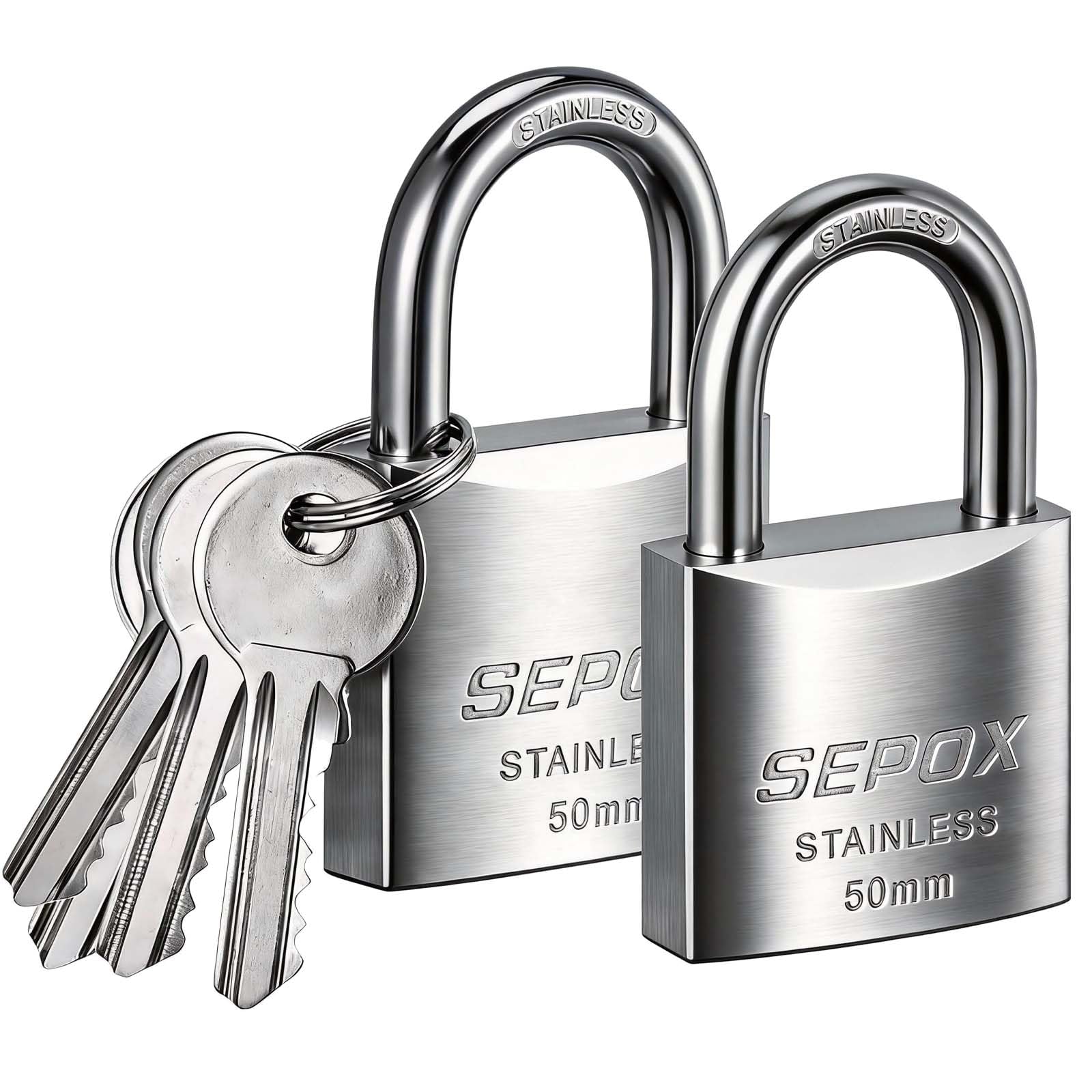 SEPOX Outdoor Padlock with Key Stainless Steel Lock Body and Shackle Waterproof Keyed Pad Lock Heavy Duty Padlock and Key Weatherproof for Gate Chain Shed Boat Marine (50mm*2pcs SS304)