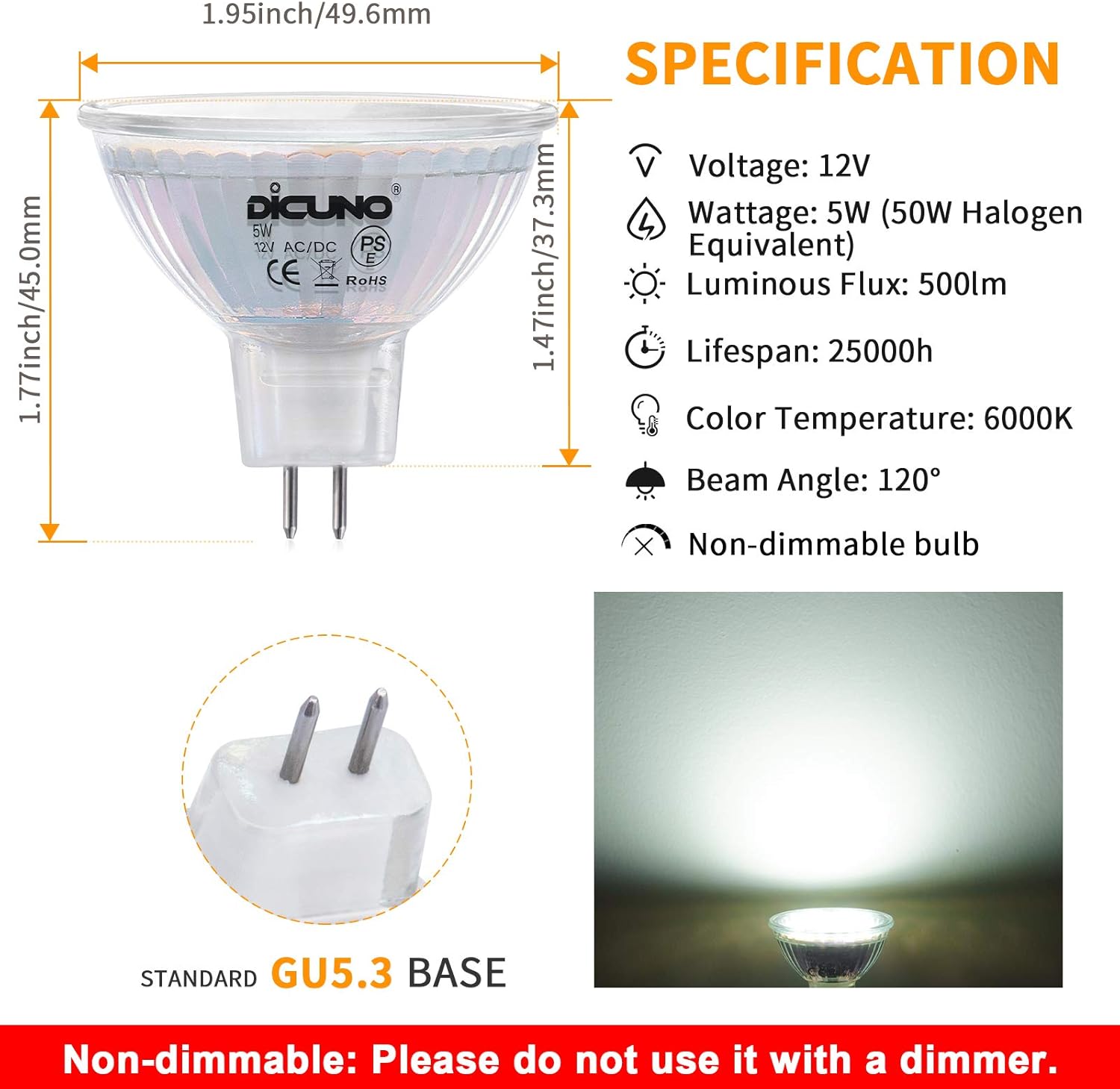DiCUNO GU5.3 MR16 5W LED Bulb, GU 5.3 Non-Dimmable Spotlight, 50W Halogen Equivalent, 500LM, Cool White 6000K, AC/DC 12V - Image 5