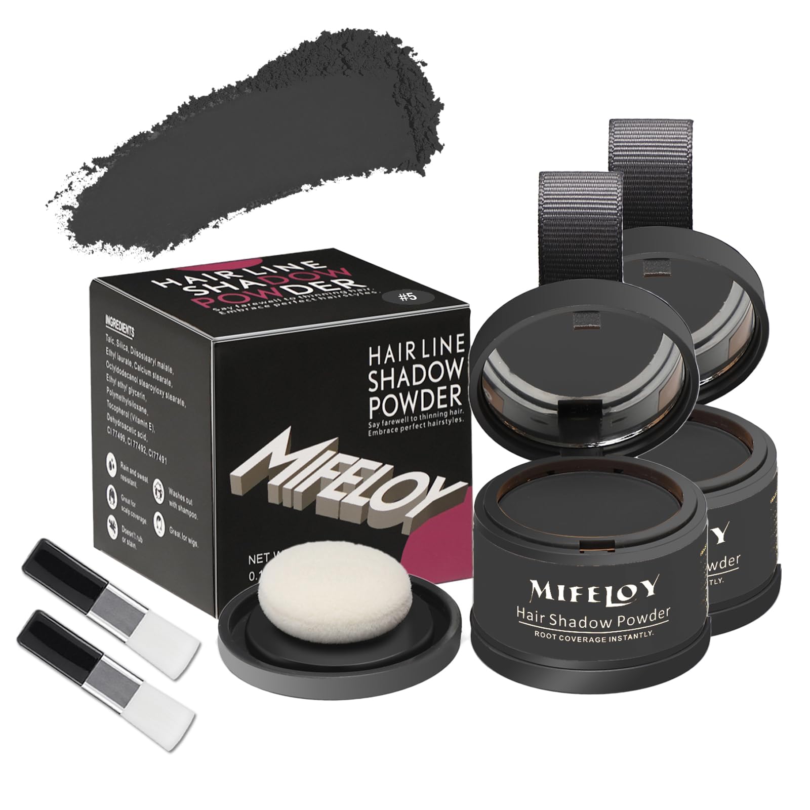 MIFELOY 2 Set Root Cover Up Powder, Black, Touch Up Hair Color for Grey, Instantly Coverage Dye for Thinning Grays Hairline, Roots Concealer for Beard Line Eyebrow, Shadow Conceals Hair Loss