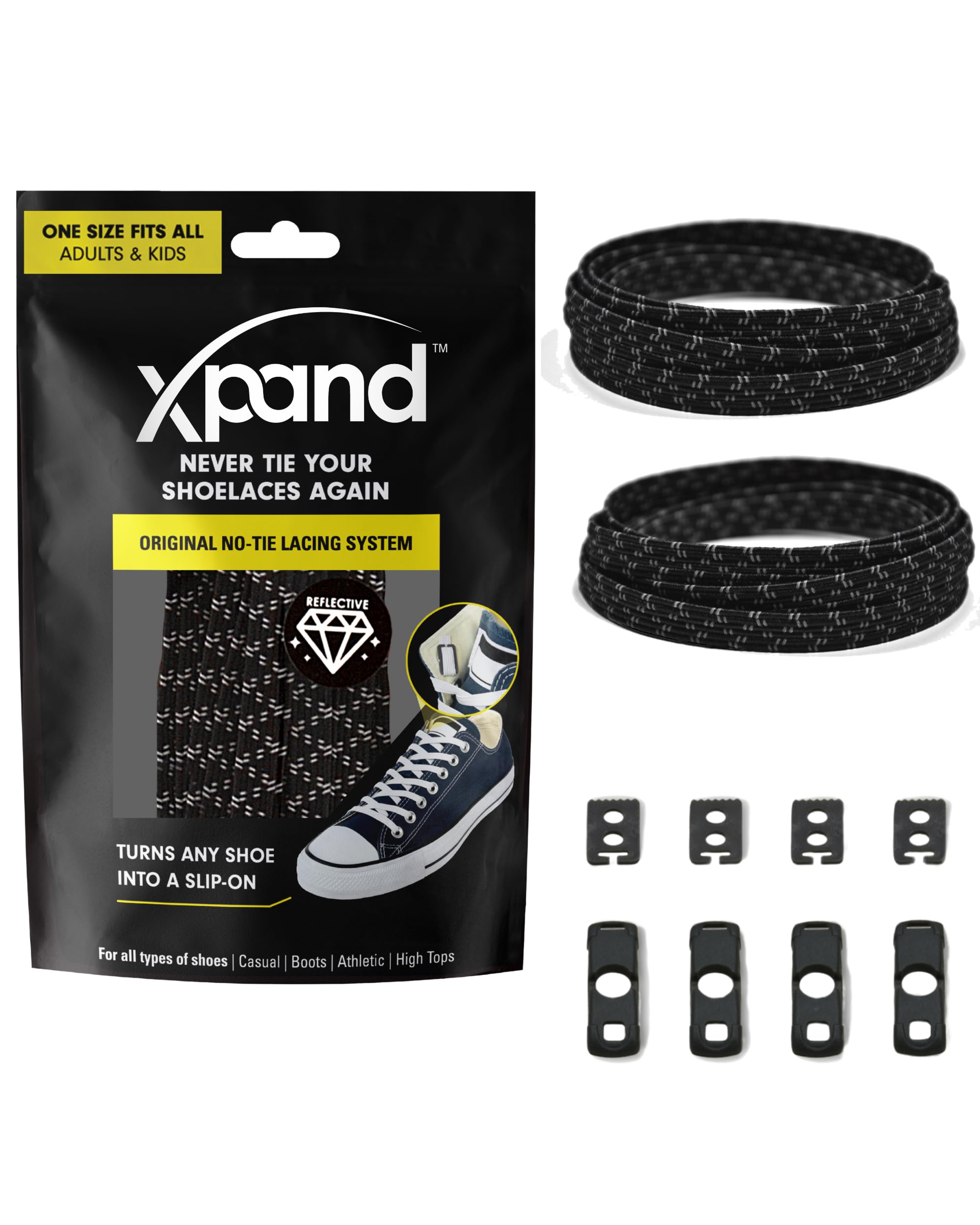 Xpand® No Tie Shoelaces - Flat Elastic Laces with Adjustable Tension - Slip-on Any Shoes (Black Reflective)