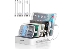 MSTJRY Charging Station for Multiple Devices : 5 Port Multi USB-A Charger Stations Multi-Device Organizer Charging Dock Designed for iPhone iPad Cell Phone Tablets (7 Short Cables Included)