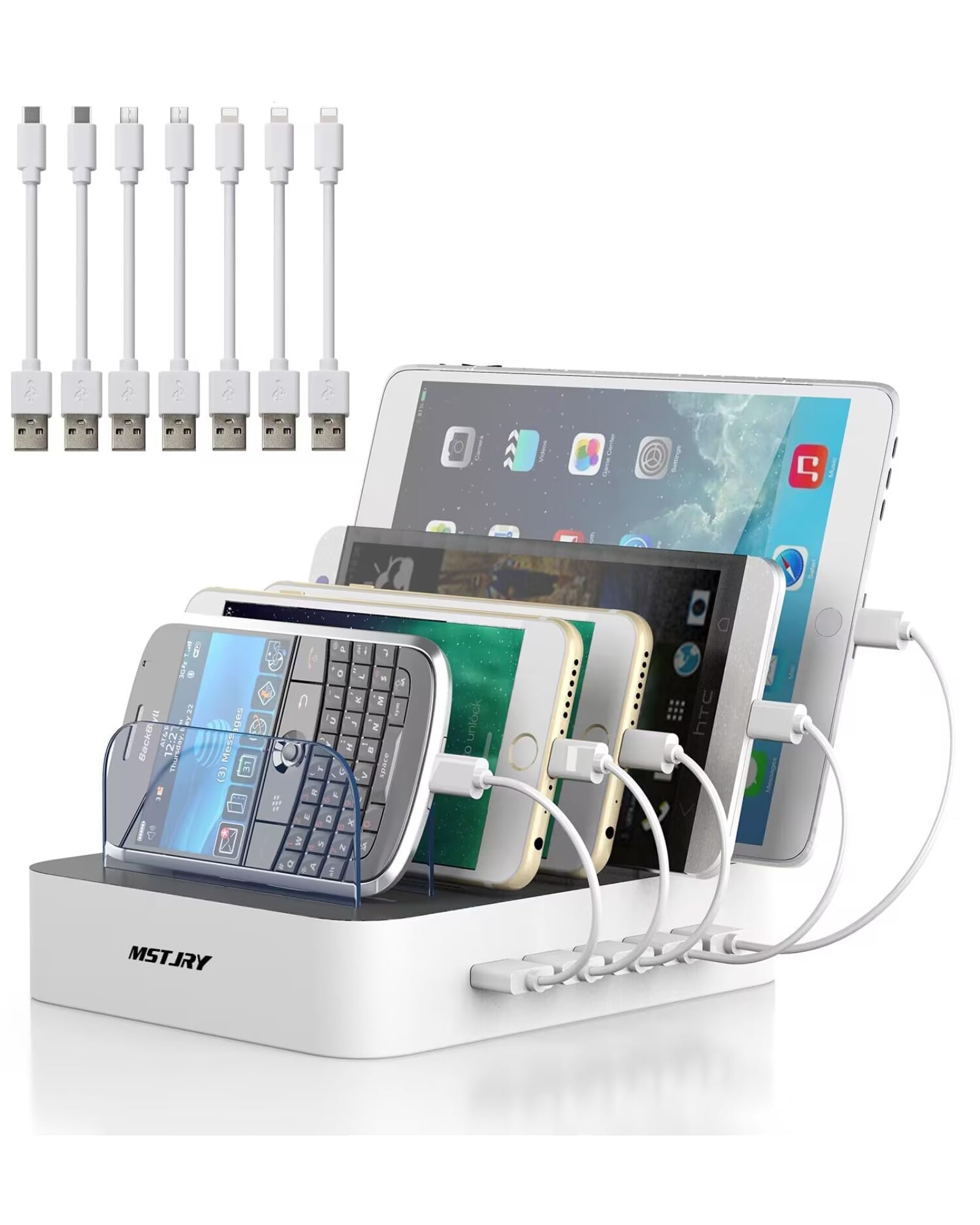 Photo 1 of MSTJRY Charging Station for Multiple Devices : 5 Port Multi USB-A Charger Stations Multi-Device Organizer Charging Dock Designed for iPhone iPad Cell Phone Tablets (7 Short Cables Included)