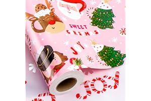 Yarcony Pink Christmas Wrapping Paper Roll - 17 Inch X 33 Feet - Reversible Gingerbread Man Hot Cocoa Mug Candy Cane Pastel Christmas Gift Wrap Paper for Kid Baby's First Christmas Holiday Decoration