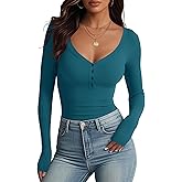 Meetrendi Women's Long Sleeve V Neck Shirt Sexy Henley Tight Slim Fitted Going Out Top Ribbed Button Fall Fashion 2025