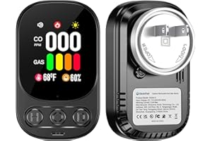 HAKINAKU 4in1 Plug in Carbon Monoxide Detector & Natural Gas Combination Detectors CO Gas Temp Humidity with 2.1'' HD Screen & Indicator, Propane, Methane Combustible Gas Alarm,Black