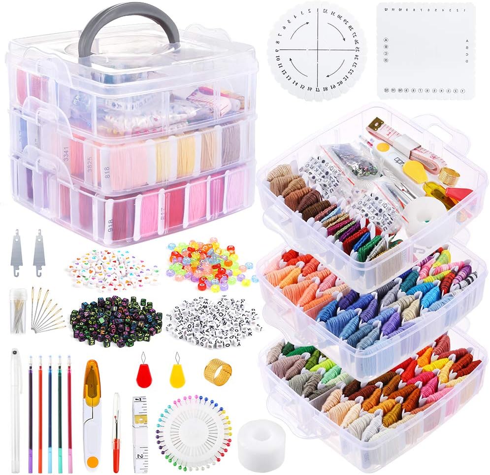 Caydo 650 Pieces Embroidery Sets Including 162 Colors Threads with Organizer Box, 400 Pieces Letter Beads, 86 Pieces Cross Stitch Tools and Braiding Disc for Friendship Bracelets Making Kit