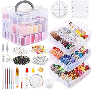 Caydo 650 Pieces Embroidery Sets Including 162 Colors Threads with Organizer Box, 400 Pieces Letter Beads, 86 Pieces Cross Stitch Tools and Braiding Disc for Friendship Bracelets Making Kit