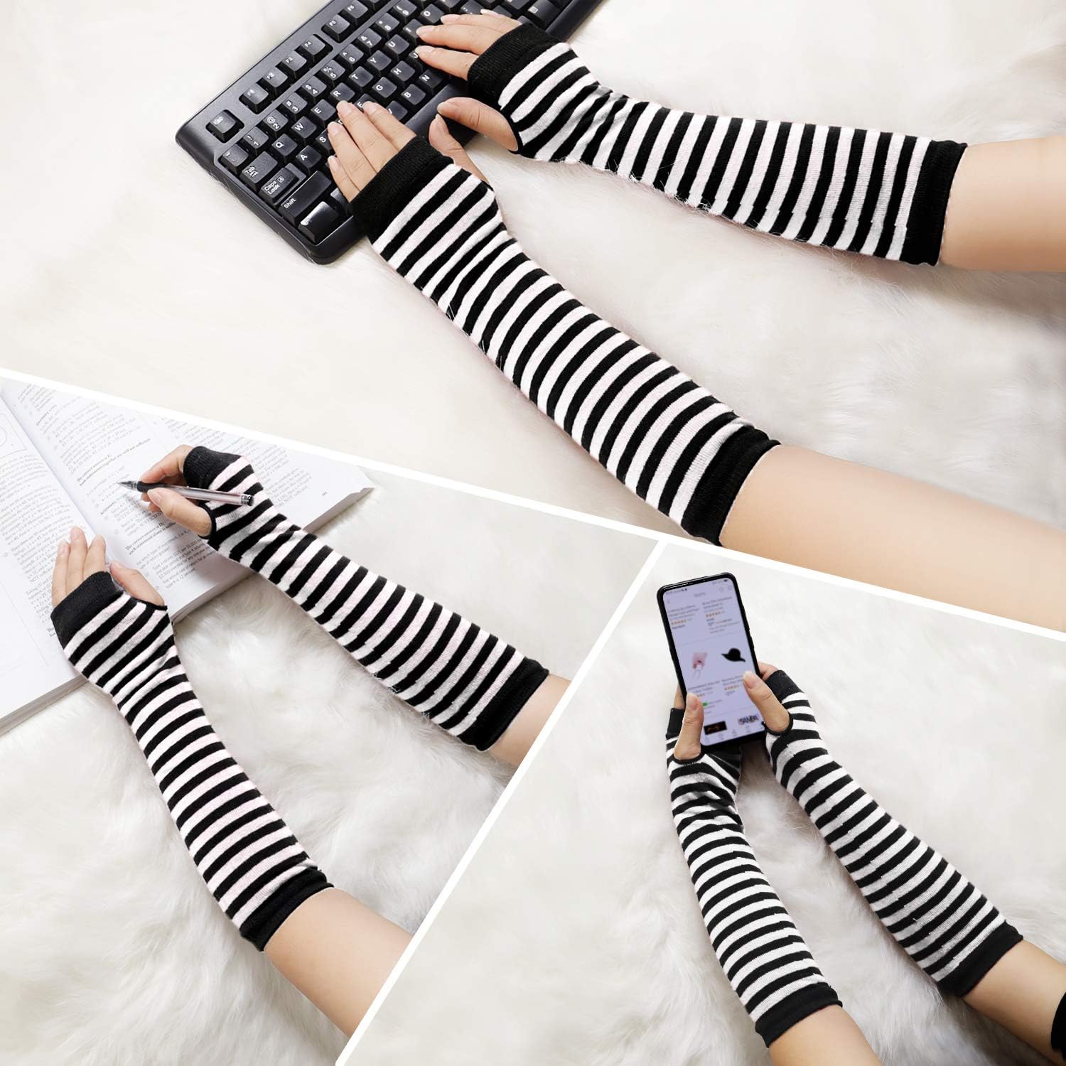 Punk Gothic Rock Long Arm Warmer Fingerless Gloves, Black White at  Women’s Clothing store